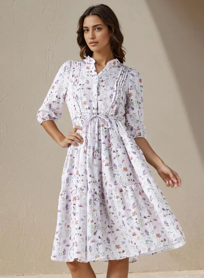 Splash FAV Floral Print Midi Women Dress with Pintuck Detail