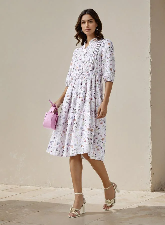 Splash FAV Floral Print Midi Women Dress with Pintuck Detail