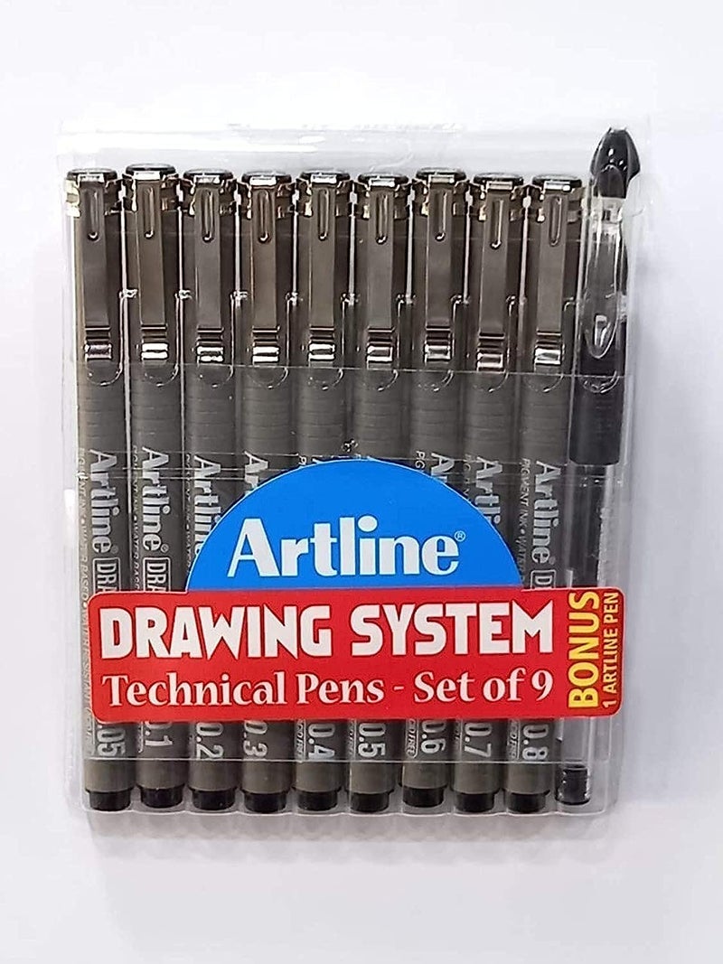 Artline Drawing System Fineliner Pen | Acid Free Pen | Water Based Ink | Technical Drawing Pens For Drafting, Illustrating, Graphic Design,Mandala Art | Set Of 9 Fineliner Pen + 1 Free Pen - Image 1