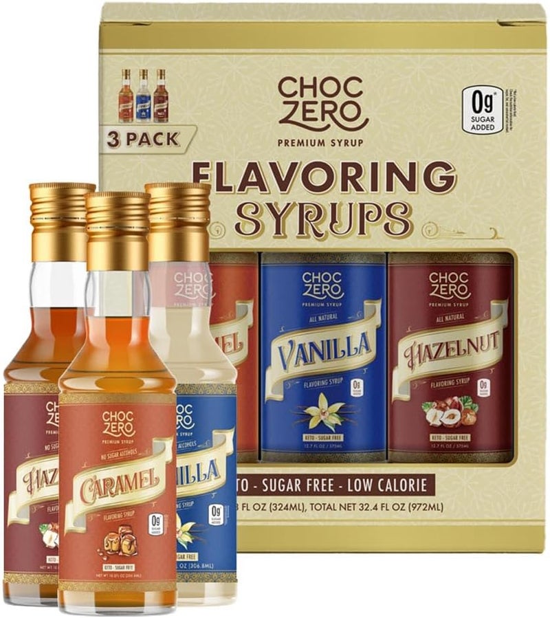 ChocZero Sugar Free Syrup Variety Pack - Caramel, Hazelnut, and Vanilla Flavoring Syrups - Keto Friendly, Zero Sugar (3 Bottles, 10.8 Ounces Each) - Image 1