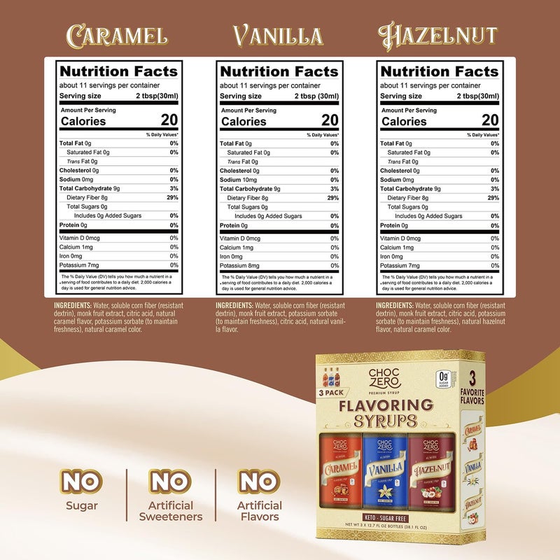 ChocZero Sugar Free Syrup Variety Pack - Caramel, Hazelnut, and Vanilla Flavoring Syrups - Keto Friendly, Zero Sugar (3 Bottles, 10.8 Ounces Each) - Image 2