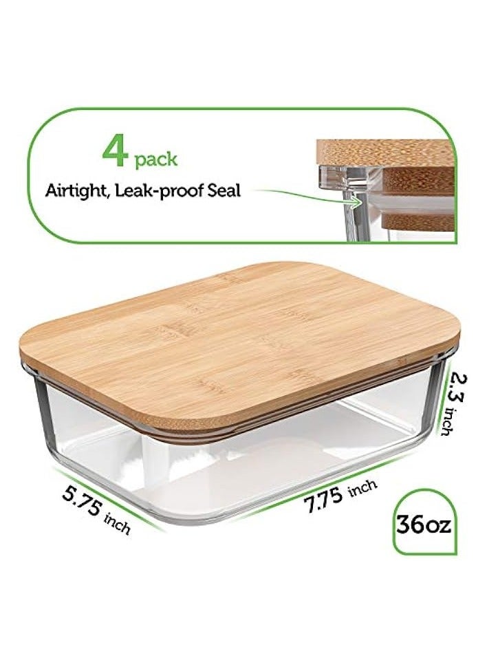 erorex Food Storage Containers with Bamboo Lids (4 Pack, 36 Ounce) Eco Friendly Meal Prep Containers Airtight – Plastic Free, BPA Free  - Image 2