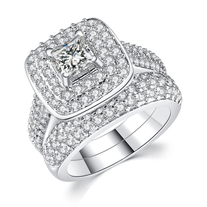 Double Fair 2 Piece Wedding Ring for Women 1 Carat Princess Cut Cubic Zirconia Engagement Promise Bridal silver Band Fashion Cute White Gold Plated Ring Set Gift Jewelry - Image 1