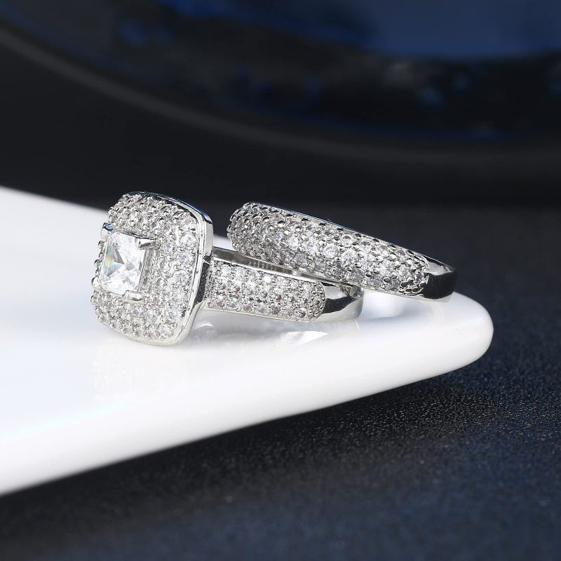 Double Fair 2 Piece Wedding Ring for Women 1 Carat Princess Cut Cubic Zirconia Engagement Promise Bridal silver Band Fashion Cute White Gold Plated Ring Set Gift Jewelry - Image 4