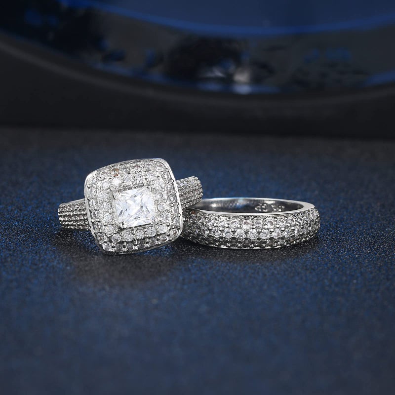Double Fair 2 Piece Wedding Ring for Women 1 Carat Princess Cut Cubic Zirconia Engagement Promise Bridal silver Band Fashion Cute White Gold Plated Ring Set Gift Jewelry - Image 5
