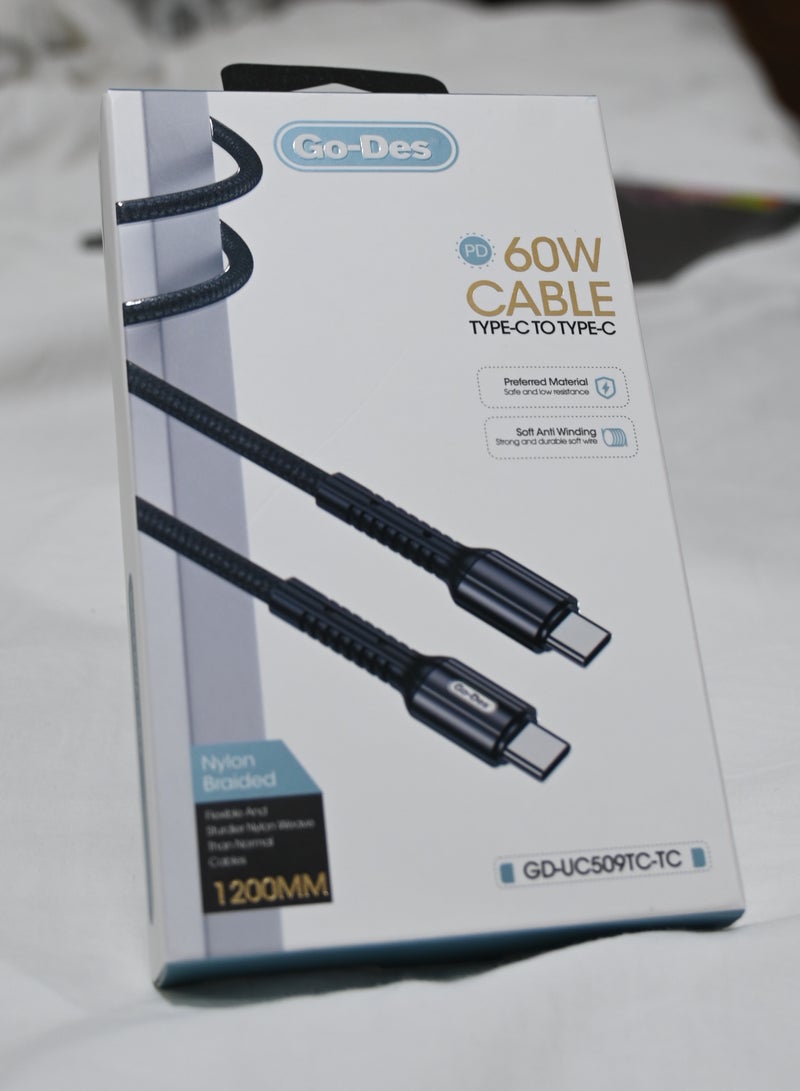 Go-Des 60W Ultra Fast Charging 5A USB C to USB C Cable [3.3-ft,1M], Powerful Nylon Braided USB-C Cord Phone Charger for iPhone 15, Android Phones, Tablets, iPad Pro, MacBook and Laptops - Image 1