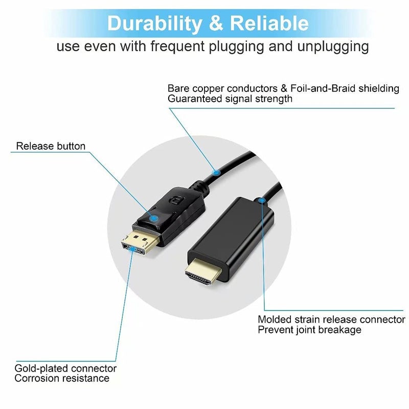 FENTICO Display Port DP Male to HDMI Cable Male Port 1080P 1.8 m HDMI Cable (Compatible with HDTV, Smart-TV, Projector, Laptop, Desktop, HD-Monitor, Gaming Device, (Black) - Image 3