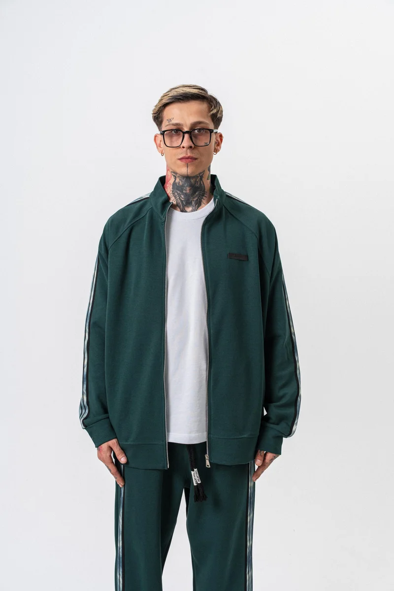 RESPIRE Men’s Dark Striped Stand-Collar Doubleface Zip Oversize Sweatshirt Khaki Green