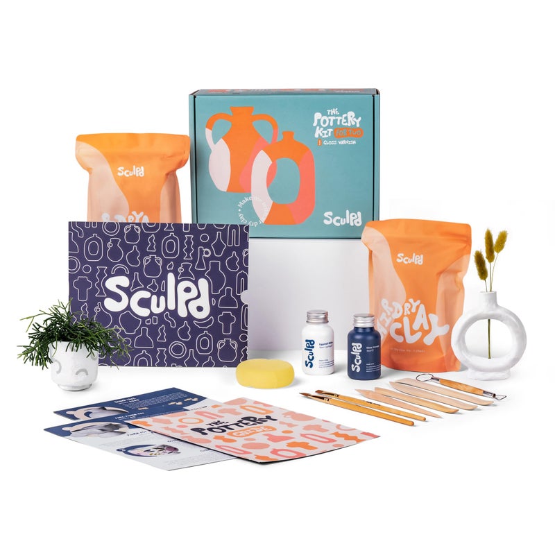 Sculpd  The Original Pottery Starter Kit  Complete Air Dry Clay Beginner Set for 2 Adults Includes Sculpting Tools Gloss Varnish Paint Brushes Guide Video Tutorials  More  Gift Arts Crafts