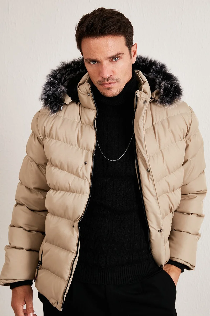 بوراتي Slim Fit Faux Fur Plush Lined Removable Hooded Inflatable Men's COAT 5761080 B