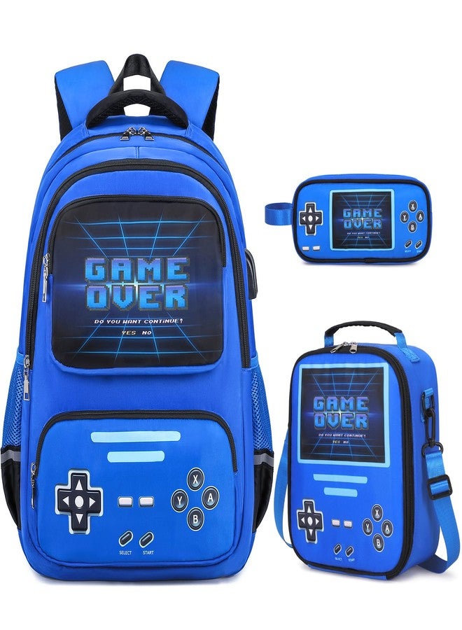ACESAK Gamer Backpack for Boys - Cool Luminous School Backpack with Lunch Bag Pencil Case, Blue, Medium - Image 1