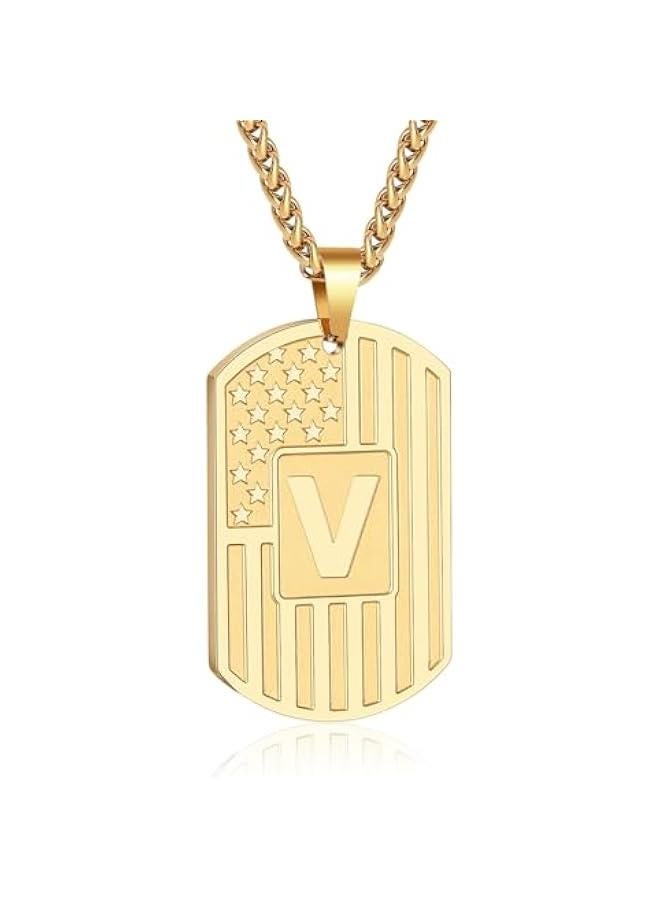 Graduation Gifts Initial A-Z Letter Necklace for Men Boys Kids Teen, Stainless Steel American Flag Dog Tag Pendent Chain Jewelry Birthday  Gifts for boyfriend husband 24Inches - Image 1