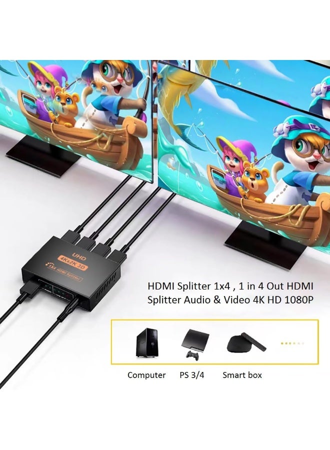 سيوو مقسم HDMI 1 مدخل و 4 مخارج بدقة 4K، مقسم HDMI 1x4 بدقة 3D Full HD 1080P، لنسخ/مرآة الشاشات، متوافق مع تلفزيون HDTV و PS4 ومشغل Blu-Ray وجهاز الاستقبال (STB) ومشغل DVD وجهاز العرض وغيرها (مصدر واحد إلى 4 شاشات) - Image 2