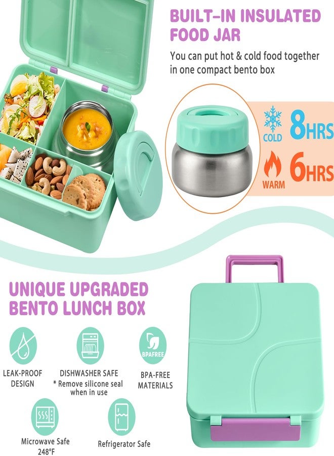 BABHAMNESS Bento Lunch Box with 9.5 oz Soup Thermo, Kids Leakproof 4 Compartments Bento Box with Silicone Cupcake,Fruit Fork,Spoon and Sauce Cup,Insulated Food Jar for School Travel-Green - Image 4