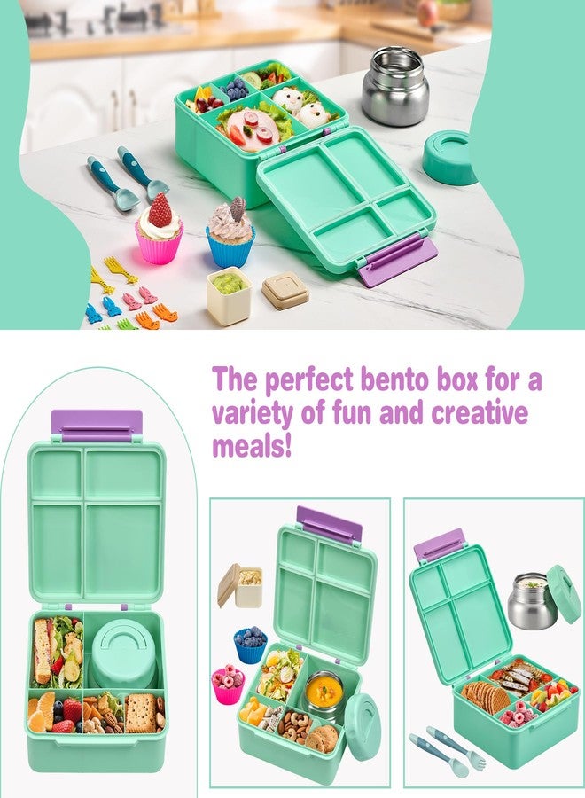 BABHAMNESS Bento Lunch Box with 9.5 oz Soup Thermo, Kids Leakproof 4 Compartments Bento Box with Silicone Cupcake,Fruit Fork,Spoon and Sauce Cup,Insulated Food Jar for School Travel-Green - Image 5