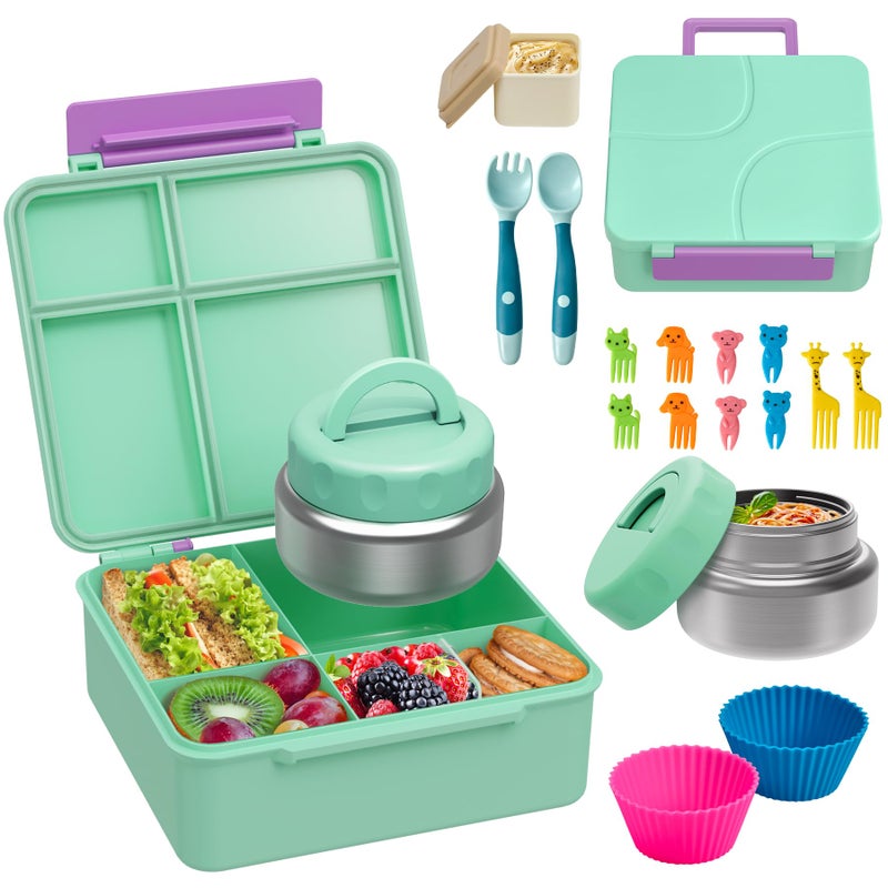 BABHAMNESS Bento Lunch Box with 9.5 oz Soup Thermo, Kids Leakproof 4 Compartments Bento Box with Silicone Cupcake,Fruit Fork,Spoon and Sauce Cup,Insulated Food Jar for School Travel-Green - Image 1