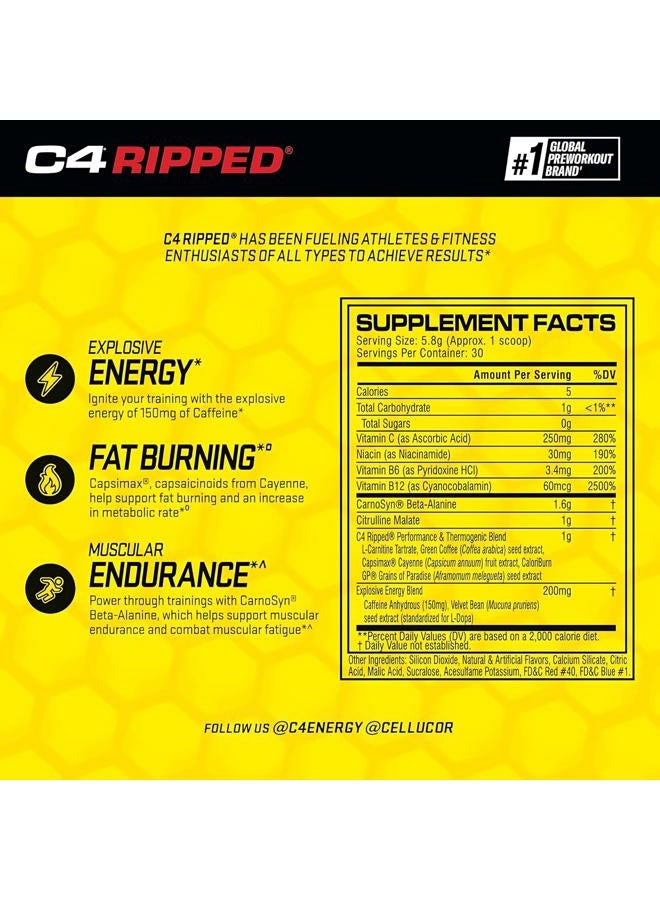 C4 Cellucor C4 Ripped Pre Workout Powder Raspberry Lemonade | Creatine Free + Sugar Free Preworkout Energy Supplement for Men & Women | 150mg Caffeine + Beta Alanine| 30 Servings (Packaging May Vary) - Image 2