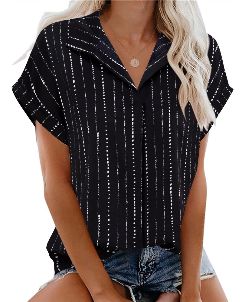 Timeson Ladies Tops and Blouses,Collared V Neck Work Shirts for Women Short Sleeve Business Casual Tops Women Professional Work Clothes Loose Fit Summer Chiffon Tunics Tops Sheer Silk Black Stripe S - Image 3