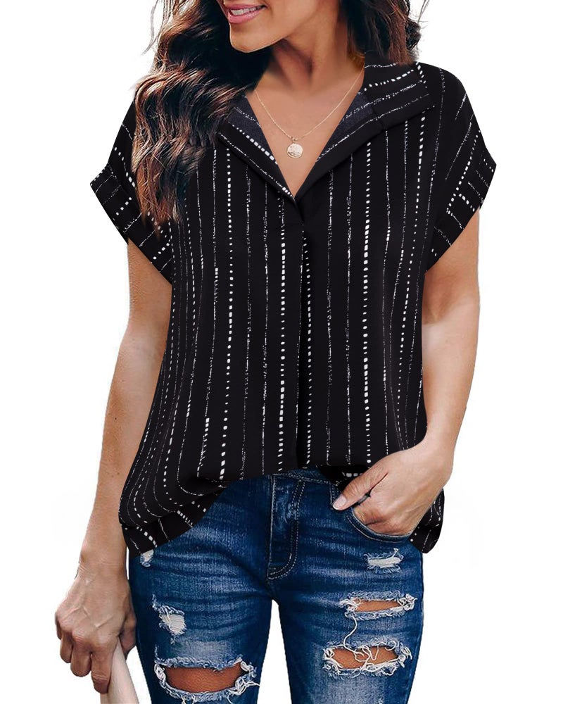 Timeson Ladies Tops and Blouses,Collared V Neck Work Shirts for Women Short Sleeve Business Casual Tops Women Professional Work Clothes Loose Fit Summer Chiffon Tunics Tops Sheer Silk Black Stripe S - Image 2