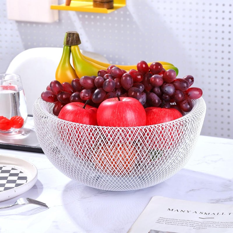 Home-Cloud HomeCloud Metal Wire Mesh Fruit Bowl | Creative and Stylish Round Storage Basket for Fresh Fruits and Vegetables, Perfect for Modern Kitchens and Elegant Home Decor (White, Small) - Image 1