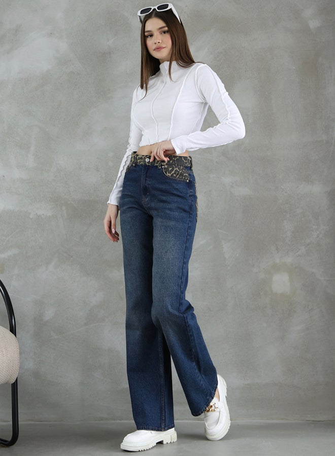trendyol Dark Blue Leopard Pocket Detail High Waist Straight Cut Straight Jeans - Image 1