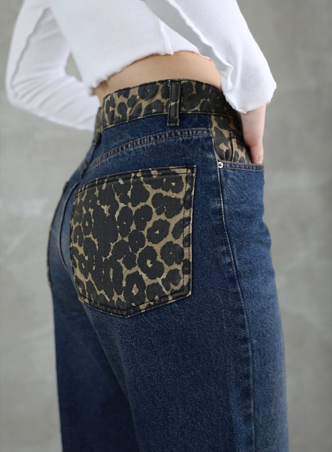 trendyol Dark Blue Leopard Pocket Detail High Waist Straight Cut Straight Jeans - Image 4