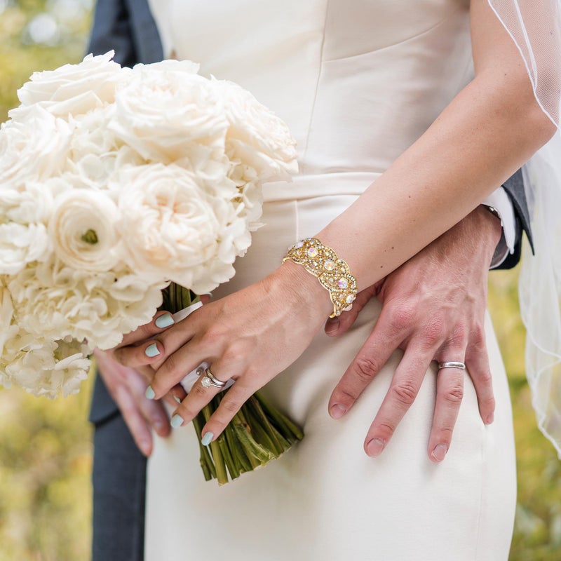 EVER FAITH Austrian Crystal Costume Jewelry Art Deco Elastic Stretch Bracelet Iridescent Clear AB Gold-Tone - Image 3