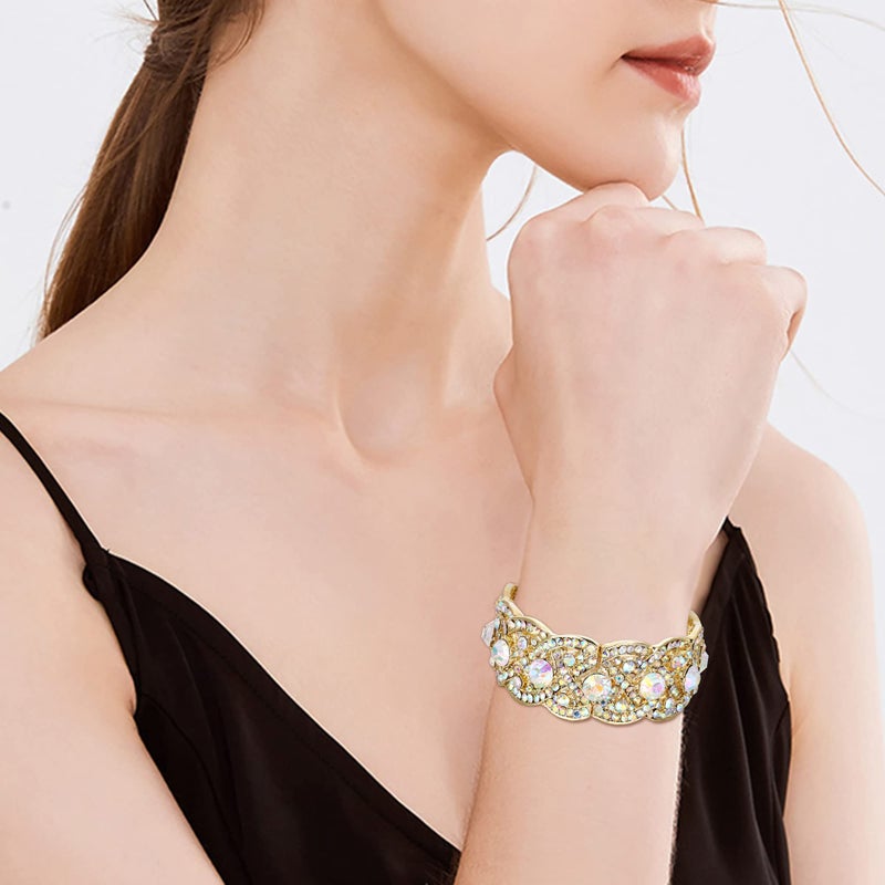 EVER FAITH Austrian Crystal Costume Jewelry Art Deco Elastic Stretch Bracelet Iridescent Clear AB Gold-Tone - Image 4