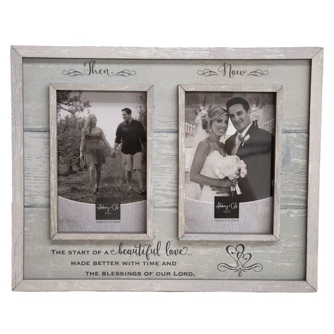 THEN NOW ANNIVERSARY PHOTO FRAME WEDDING ENGAGEMENT VOW RENEWAL COUPLES GIFT WOODEN PICTURE FRAMES WITH SENTIMENTAL QUOTE 12INCH X 95INCH RUSTIC WOODGRAIN BY ABBEY CA GIFT