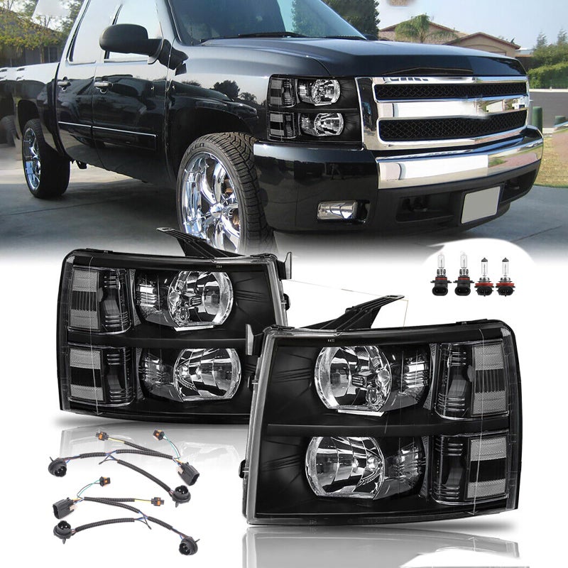APSVE Headlights Assembly w/Bulb & Wiring Harness for 2007-2013 Chevy Silverado 1500, 07-14 Silverado 2500HD 3500HD Replacement Headlamp Assembly, Black Housing Clear Side - Image 1