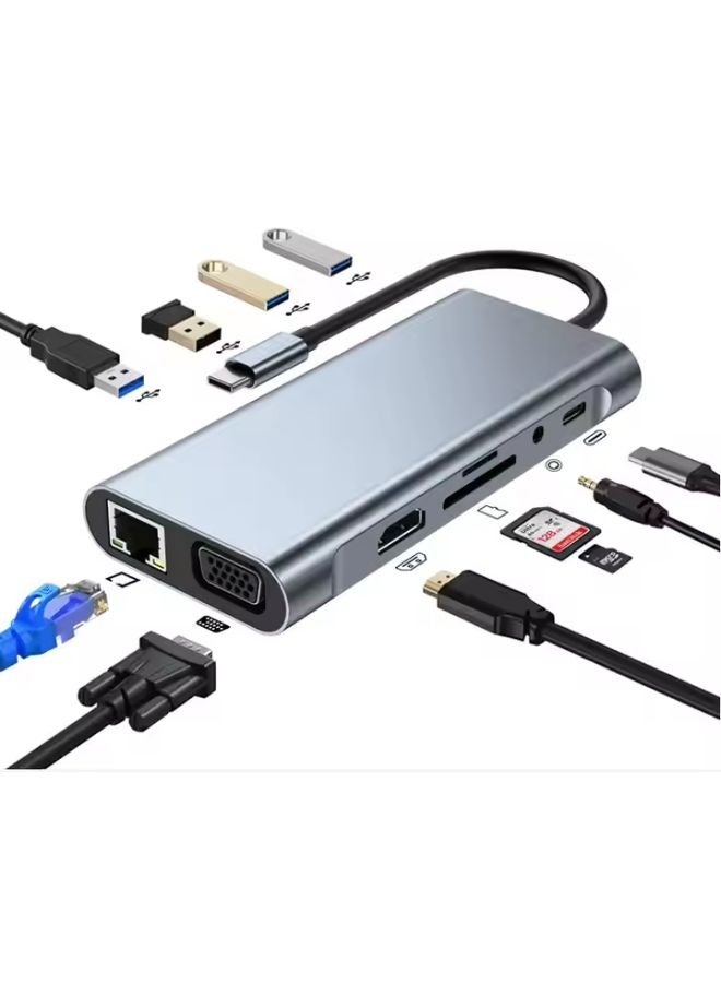 High Quality 11-in-1 USB C Hub Multiport Adapter Dongle with 4K HDMI PD Docking Station,HDTV VGA Type C PD USB 3.0, SD/TF Hub 3.5mm, Ethernet, PD Charging Best All-in-One Docking Station for Laptop, MacBook, Chromebook