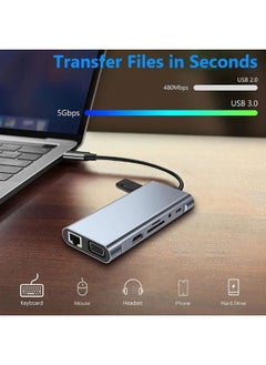 سمارتكس محول متعدد المنافذ USB C عالي الجودة 11 في 1 مع قاعدة توصيل 4K HDMI PD، HDTV VGA Type C PD USB 3.0، SD/TF Hub 3.5 مم، Ethernet، PD Charging أفضل قاعدة توصيل الكل في واحد لأجهزة الكمبيوتر المحمولة، MacBook، Chromebook  - Image 5