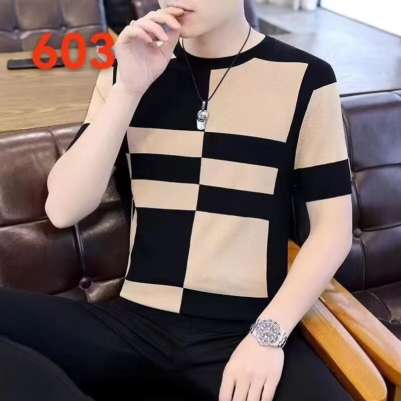Men's New 2025 Summer Striped T-shirt Short-sleeved Trendy Ice Silk Half-sleeved Trendy Brand Casual Men's Thin T-shirt - Image 1
