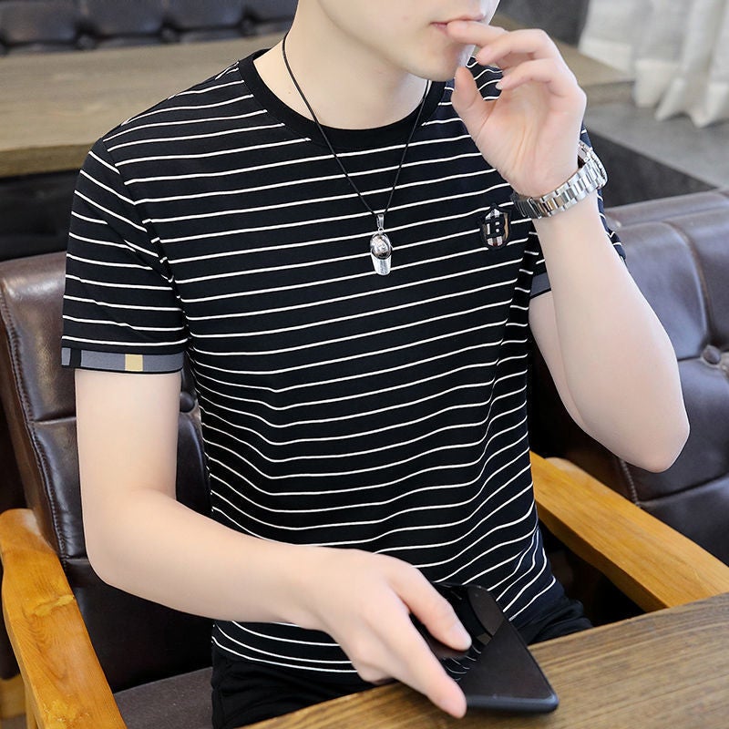 Men's New 2025 Summer Striped T-shirt Short-sleeved Trendy Ice Silk Half-sleeved Trendy Brand Casual Men's Thin T-shirt - Image 3