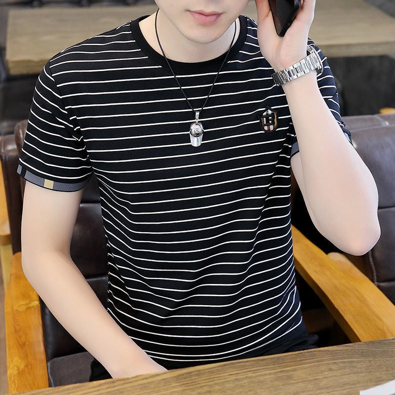 Men's New 2025 Summer Striped T-shirt Short-sleeved Trendy Ice Silk Half-sleeved Trendy Brand Casual Men's Thin T-shirt - Image 4