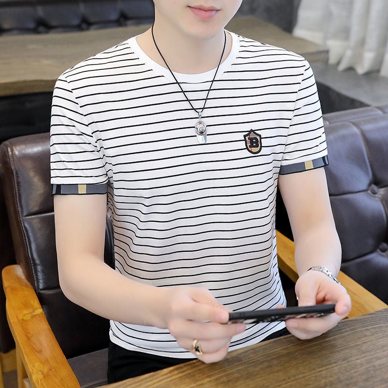 Men's New 2025 Summer Striped T-shirt Short-sleeved Trendy Ice Silk Half-sleeved Trendy Brand Casual Men's Thin T-shirt - Image 2