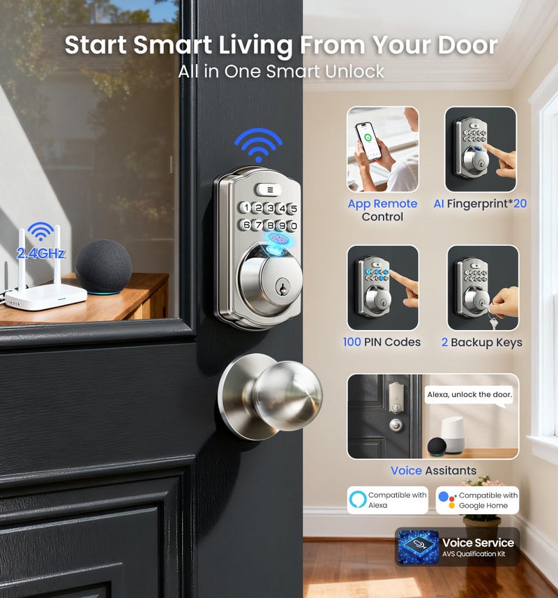 Veise VE012W-K Built-in WiFi Fingerprint Smart Lock with 2 Knobs, No Hub Needed, Remote APP Control, Keyless Entry Door Lock, Smart Deadbolt for Front Door, Auto Locking, Satin Nickel - Image 3