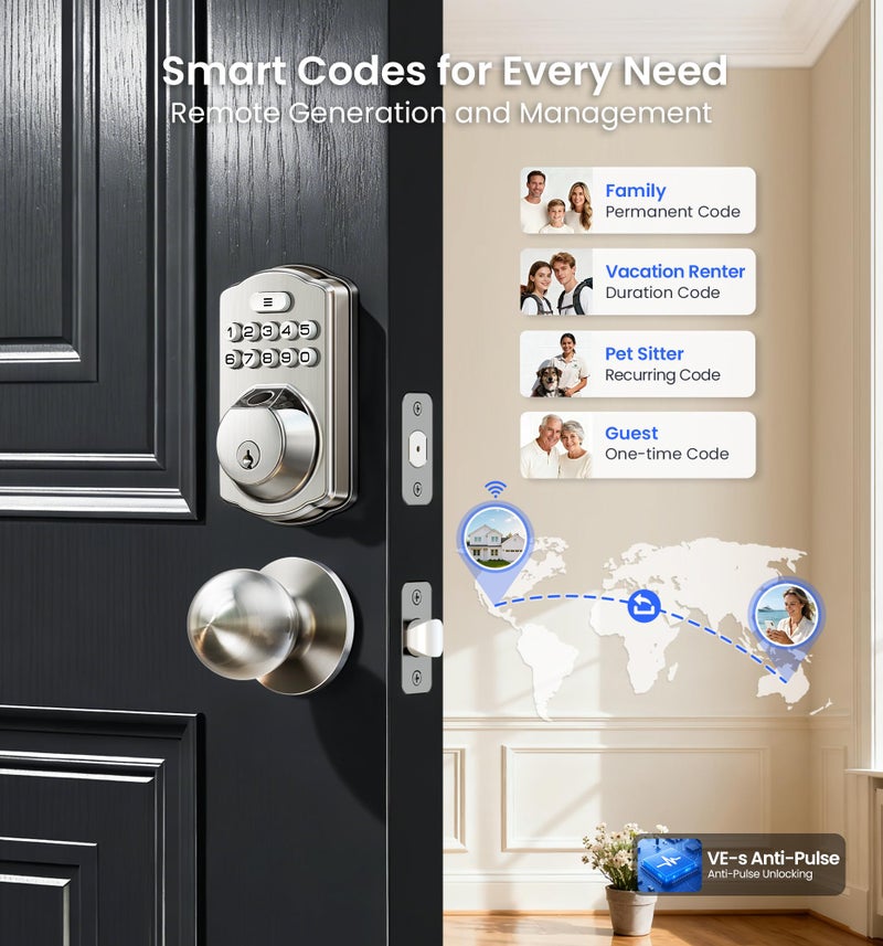 Veise VE012W-K Built-in WiFi Fingerprint Smart Lock with 2 Knobs, No Hub Needed, Remote APP Control, Keyless Entry Door Lock, Smart Deadbolt for Front Door, Auto Locking, Satin Nickel - Image 4