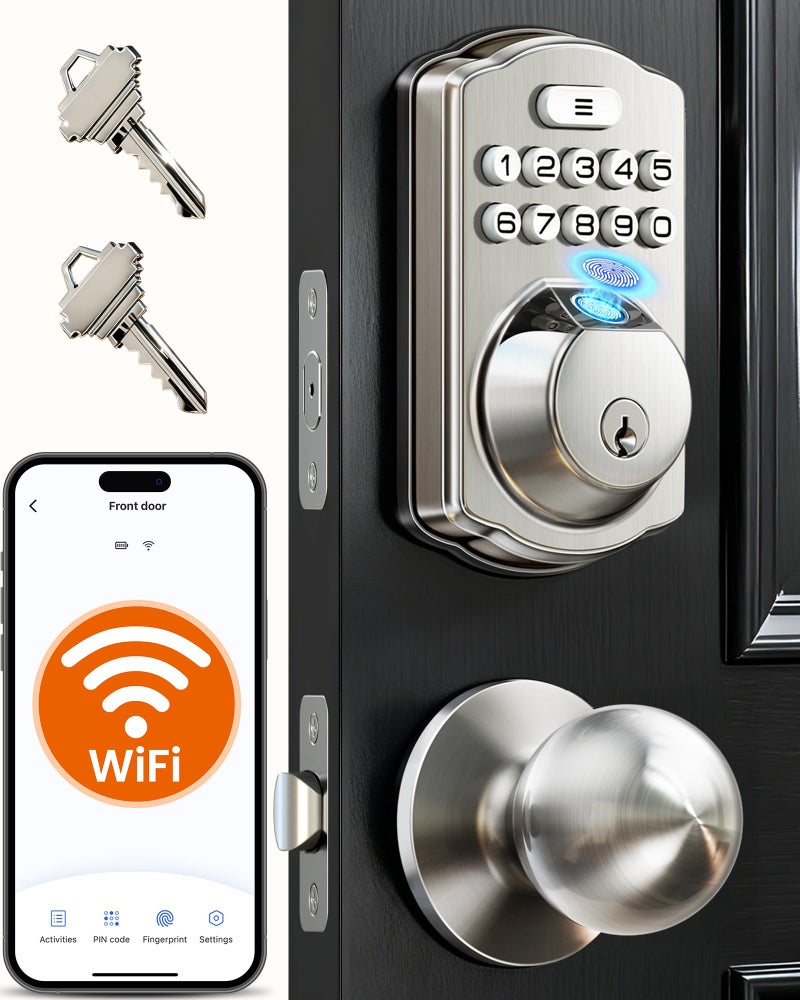 Veise VE012W-K Built-in WiFi Fingerprint Smart Lock with 2 Knobs, No Hub Needed, Remote APP Control, Keyless Entry Door Lock, Smart Deadbolt for Front Door, Auto Locking, Satin Nickel - Image 1