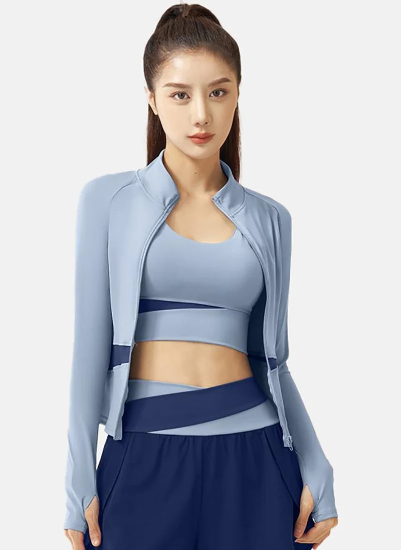 يونيكي Blue Solid Slim Fit High Neck Jacket
