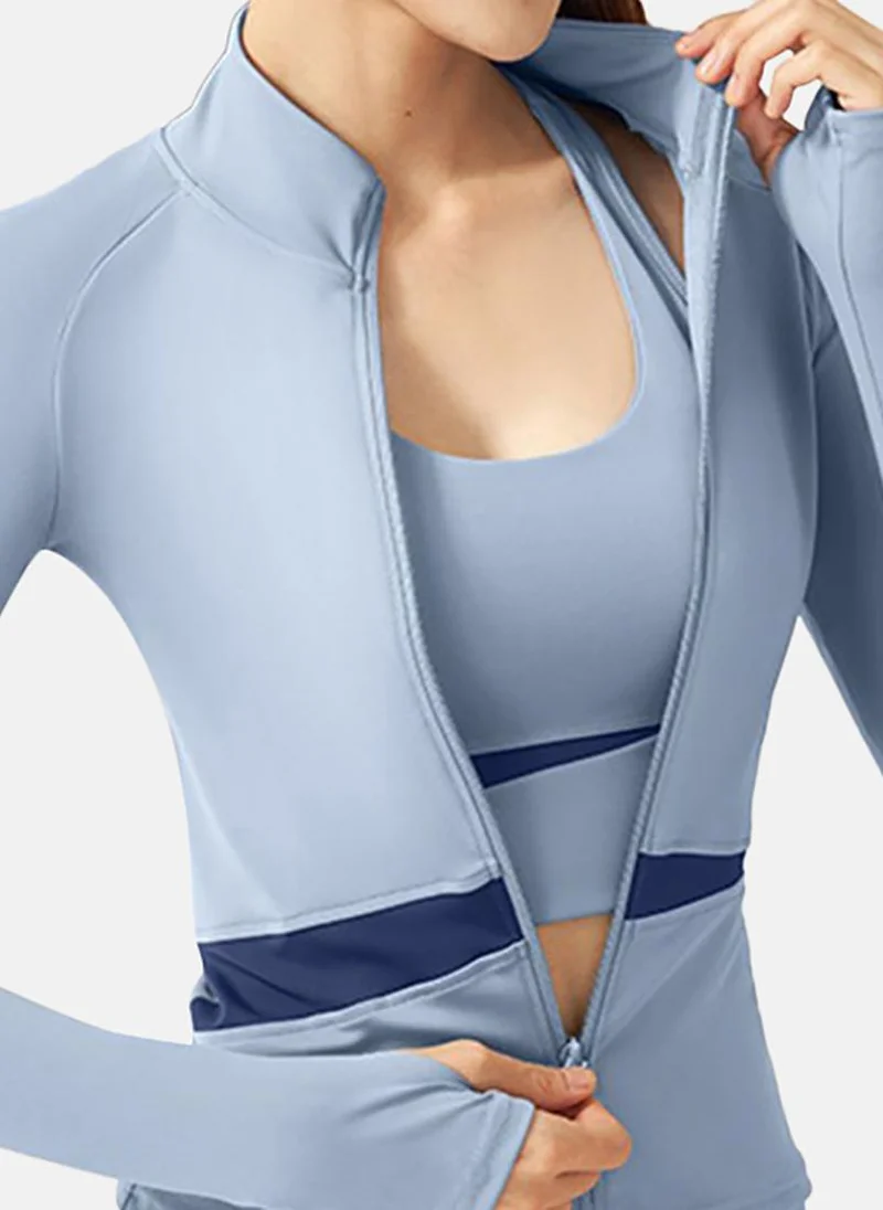 يونيكي Blue Solid Slim Fit High Neck Jacket