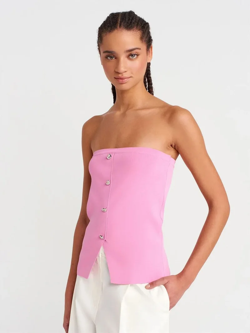 ديلفين Dilvin Strapless Ribbed Knit Crop Top With Buttons