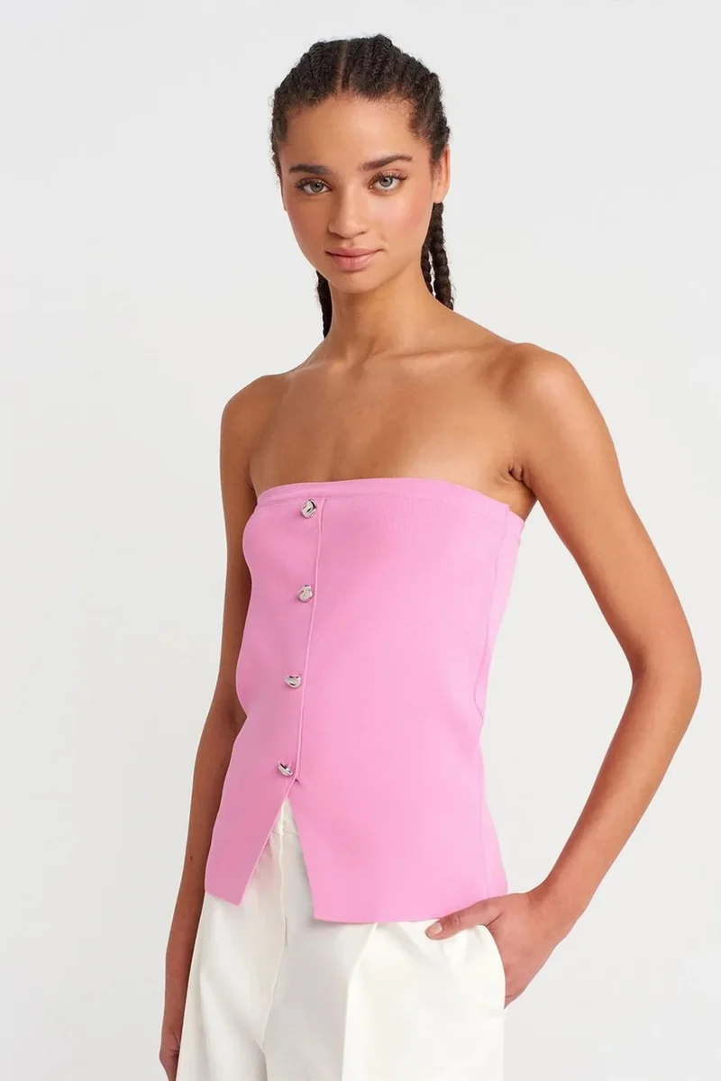 DILVIN Strapless Ribbed Knit Crop Top With Buttons
