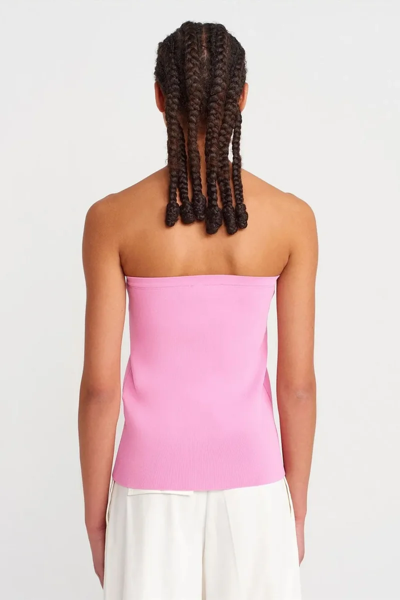 Dilvin Bright Pink DILVIN Strapless Ribbed Knit Crop Top With Buttons for Women | Best Price UAE