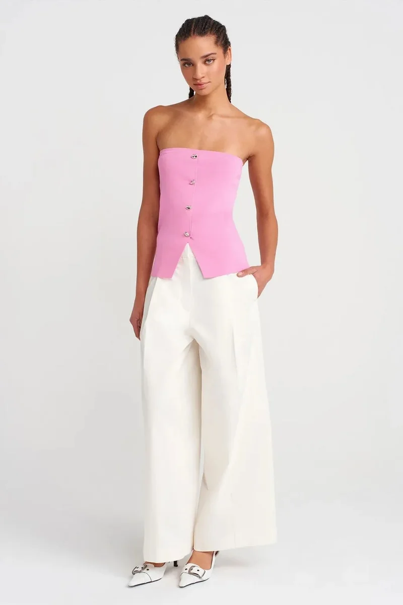 Dilvin Bright Pink DILVIN Strapless Ribbed Knit Crop Top With Buttons for Women | Best Price UAE