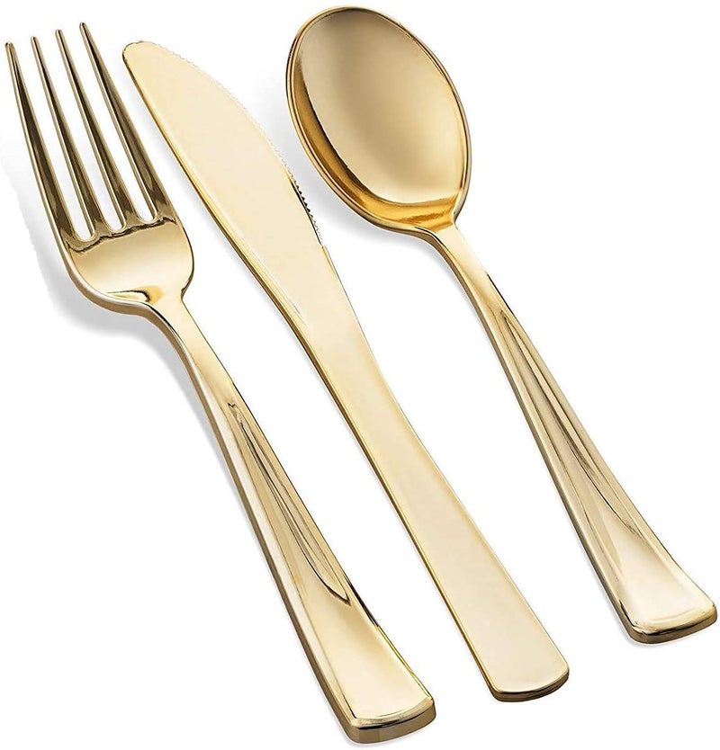 Munfix 125 Piece Gold Dinnerware Party Set - 50 Gold Rim Plastic Plates  25 Dinner 25 Dessert Plates  25 Knives  25 Forks  25 Spoons - 25 Guest Disposable Set for Wedding Birthday Parties - Image 3