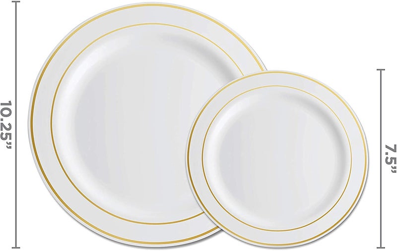 Munfix 125 Piece Gold Dinnerware Party Set - 50 Gold Rim Plastic Plates  25 Dinner 25 Dessert Plates  25 Knives  25 Forks  25 Spoons - 25 Guest Disposable Set for Wedding Birthday Parties - Image 2