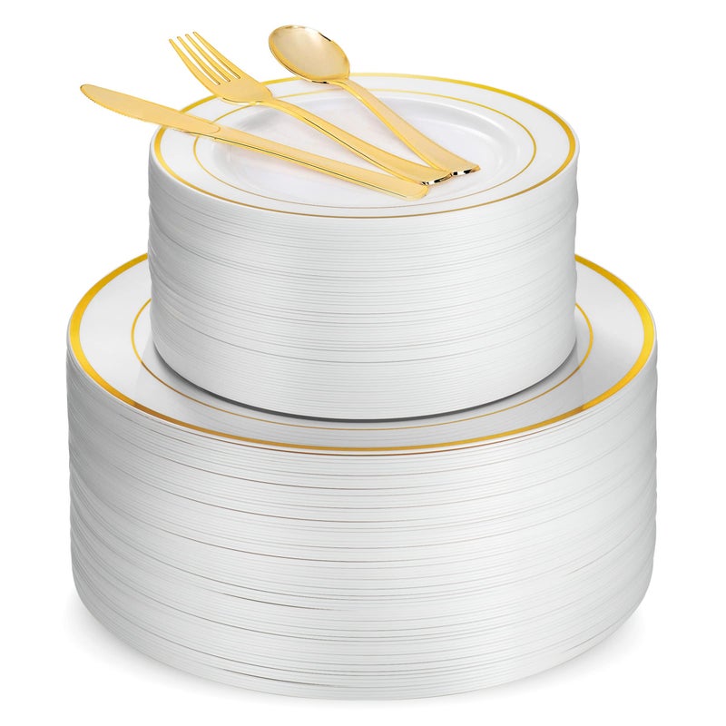Munfix 125 Piece Gold Dinnerware Party Set - 50 Gold Rim Plastic Plates  25 Dinner 25 Dessert Plates  25 Knives  25 Forks  25 Spoons - 25 Guest Disposable Set for Wedding Birthday Parties - Image 5