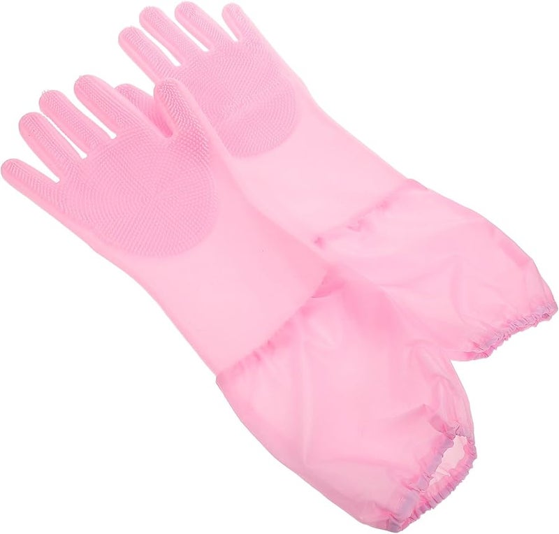 قفازات مطبخ سيليكون طويلة مقاومة للحرارة قابلة لإعادة الاستخدام لغسل الأطباق واستحمام الحيوانات الأليفة باللون الوردي - Image 2