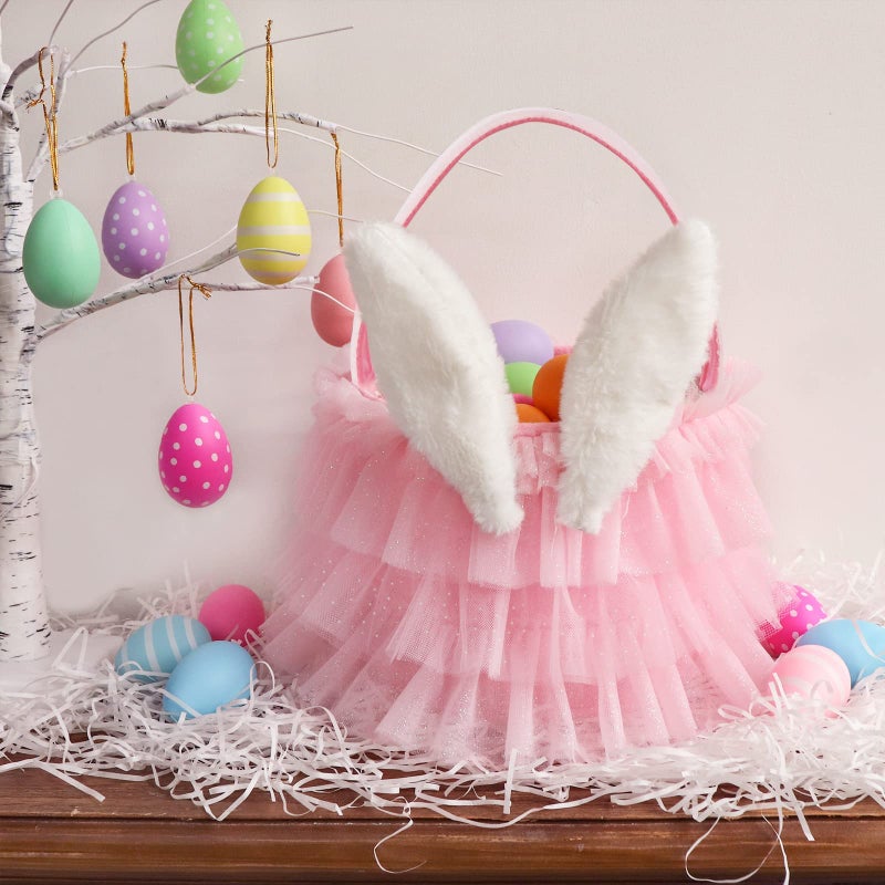 Bunny Chorus Tutu Easter Basket, Pink Ruffled Shining Tulle with Fluffy Bunny Ears, Easter Theme Party Favors Stuffers Gifts for Girls, Easter Egg Hanting Decorations Party Supplies - Image 2
